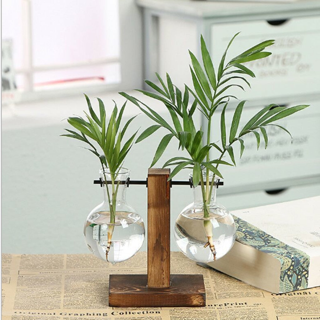 Terrarium Planter Bulb Glass Vase Water Planting Propagation Stations Hydroponics Plants With Wooden Stand Garden Wedding Decor